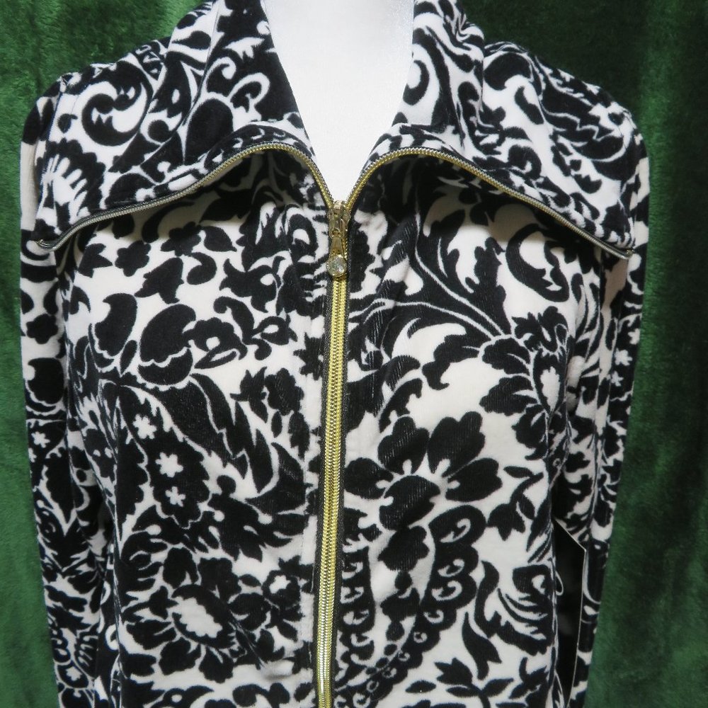 Ladies Velour Black and White Zip-Up Top